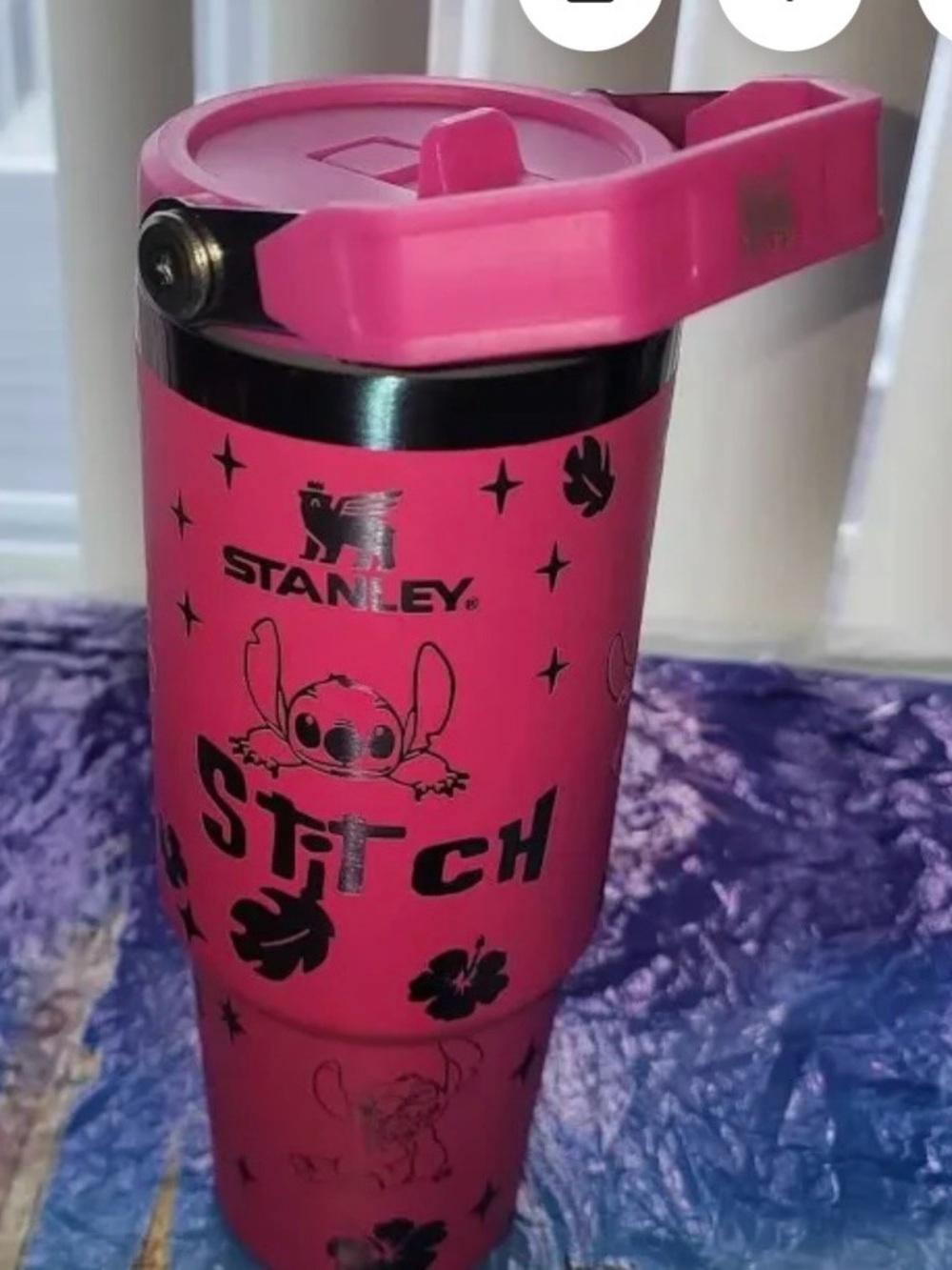 New!  Stanley Pink Tumbler with Blue Metallic Accents and Stitch Design - Picture 3 of 3